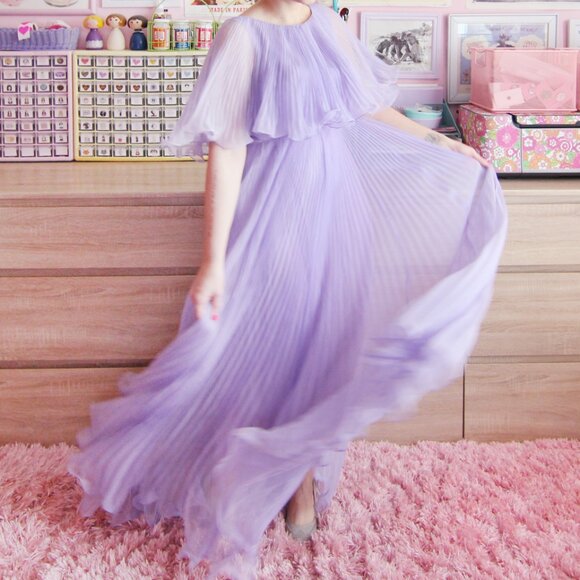 Vintage purple knife-pleat ruffle maxi dress AS-IS size Small - Picture 1 of 15